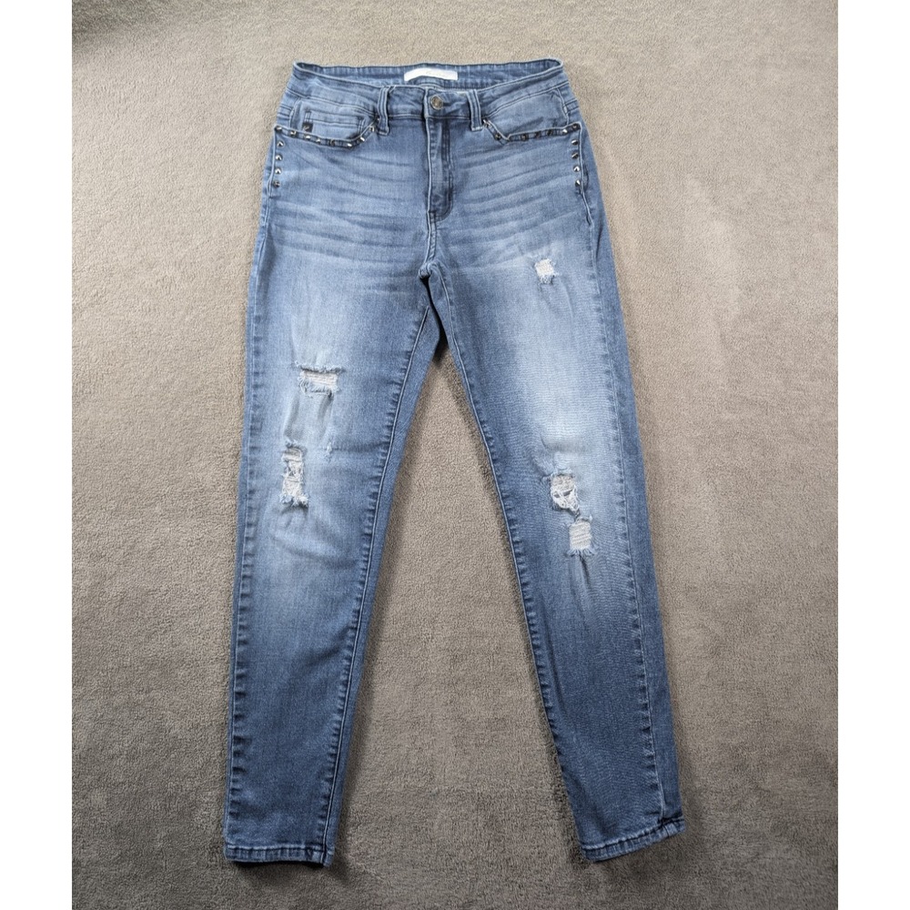 Kancan Jeans Womens Sized 9/28 Blue Mid Rise‎ Skinny Studded Pocket Distressed